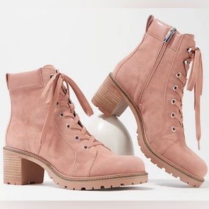 Vince Camuto leather/suede lace-up & zip closure ankle boots, dermy pink, size 7